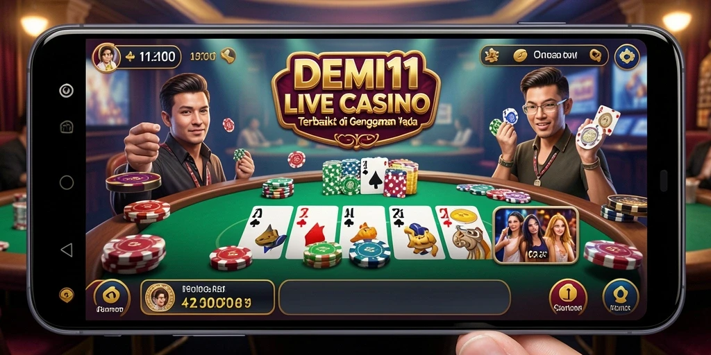 Screenshot DEMI11 menampilkan dealer cantik dan permainan kasino yang menarik.